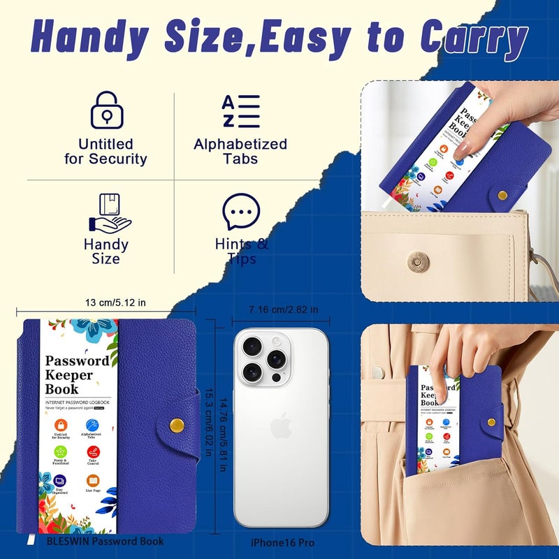 BLESWIN Password Book with Alphabetical Tabs, Elegant PU Leather Password Keeper Book, Small Password Journal to Record Contacts, Special Days, Internet Setting, Dark Blue - Image 5